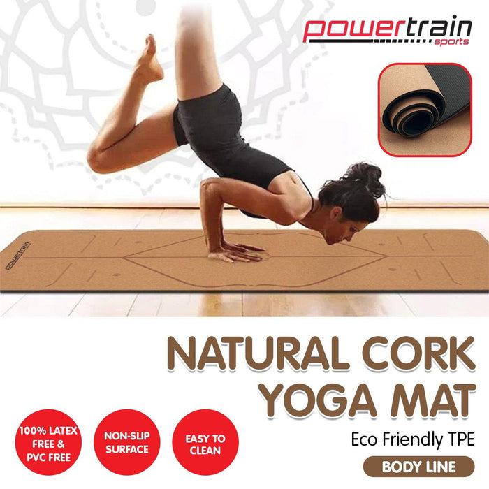 Powertrain Cork Yoga Mat with Carry Straps Home Gym Pilates - Body Line - FitnessProducts Plus